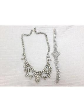 Vtg 50s White Rhinestone Necklace Bracelet Set Auth Retro Prom Formal Lady Pinup